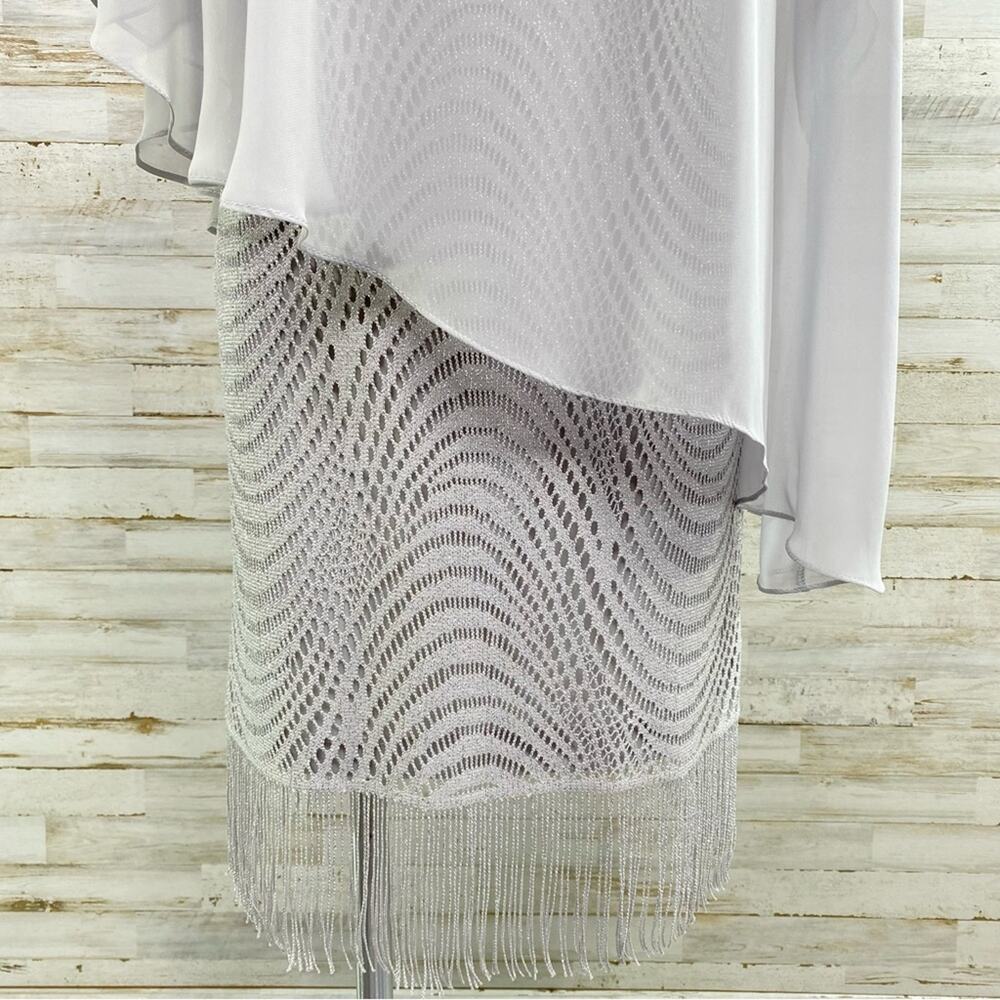 R&M Richards Crochet Metallic Chiffon Cape Overlay Dress Womens Size 6 Gray - Picture 5 of 15